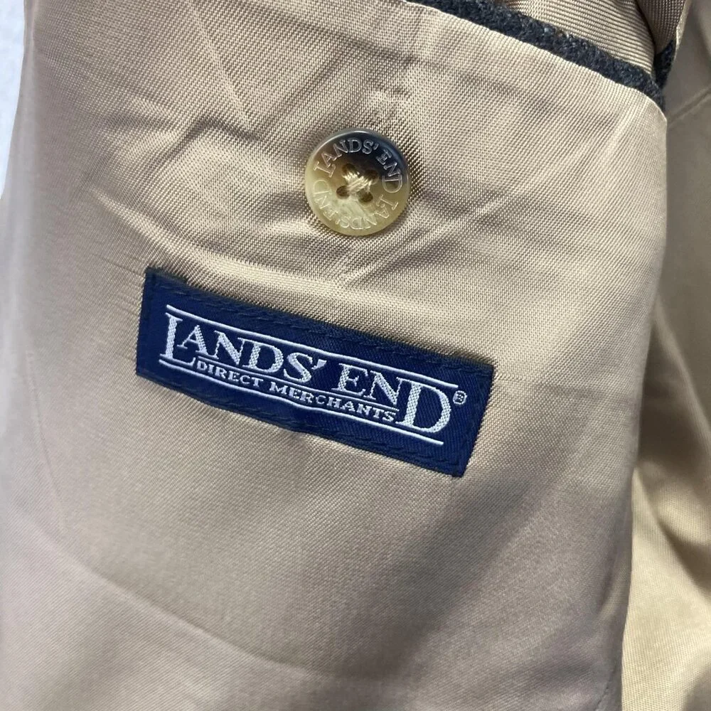 Lands' End 100% Lambswool‎ Blazer Jacket Mens 42 Long 42L Gray Plaid USA Made